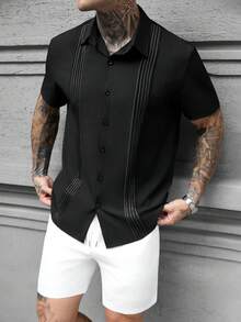Manfinity CasualCool 男士休闲条纹短袖衬衫短裤套装，夏季款 - 黑與白 - 查看 4