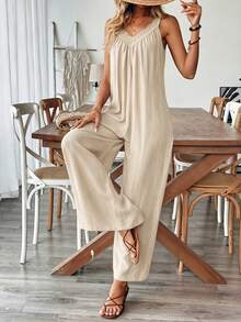 Breezaya Women's Sleeveless V-Neck Floral Trim Jumpsuit - Apricot - View 4