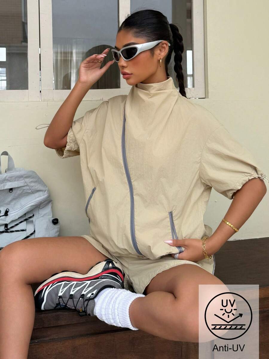 Muchica 女士休闲时尚街头风撞色拉链立领外套和短裤亚麻编织套装，夏季 - 卡其色 - 查看 1