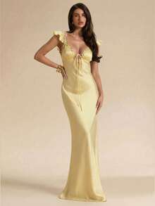 SHEIN BAE Đầm maxi màu vàng trơn, gợi cảm, đơn giản, thanh lịch, cổ chữ V sâu, thắt dây, phối ren và satin giả lụa dành cho nữ, thích hợp cho Ngày Valentine, tiệc tùng, lễ hội âm nhạc, phù dâu, dạ hội, kỳ nghỉ, đầm hè, đầm ôm sát cơ thể. - Vàng nhạt - Xem 4