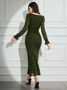 Modelyn 女士方领长袖褶饰鱼尾下摆优雅连衣裙 - 軍綠色 - 查看 3