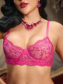 PinupPomp Set de lencería con bordado de hoja de malla transparente con aro - Rosa Fucsia - Ver 5