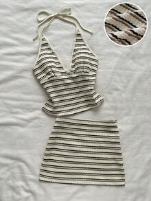 Attitoon Women's Summer Casual Striped Backless Halter Top And Mini Skirt 2 Pieces Set - Khaki - View 3