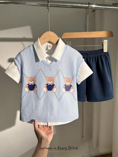 Cozy Pixies 3pcs/Set Young Boys' Casual School Uniform Style Vest, Striped Shirt And Shorts Set, Suitable For Birthday Party, Evening Party, Performance, Wedding, School, Baptism And Baby Shower, Spring/Summer/Autumn