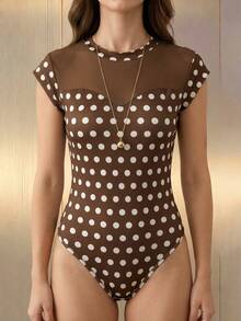 SHEIN Franclia 女款時尚透視網紗立領修身連身衣，短袖棕色波點泳衣 - 棕色 - 查看 4