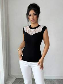 Elenzga Women's Fashion Round Neck Elegant Lace Patchwork Bodycon Camisole, Suitable For Daily Wear, Autumn/Winter & Spring/Summer - Multicolor - View 6