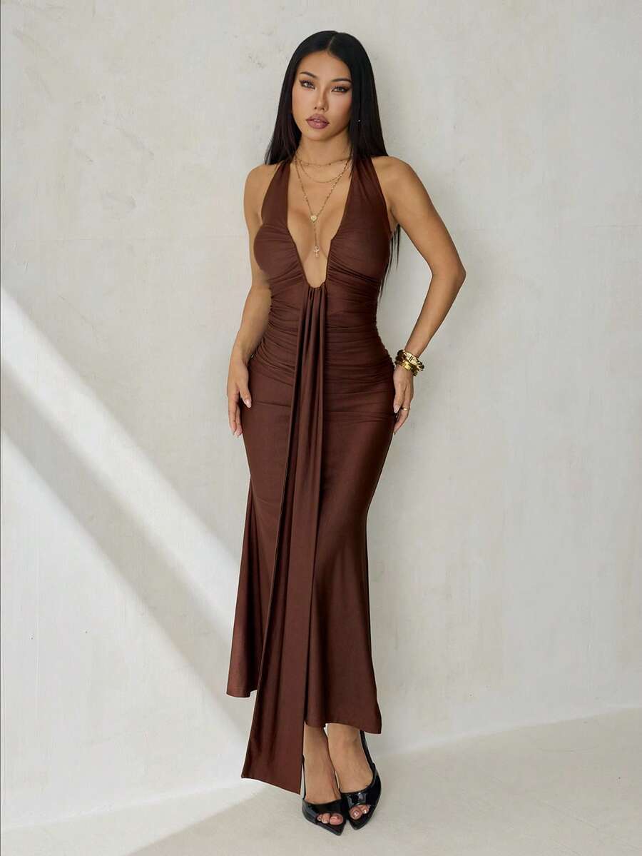 SHEIN PETITE 新款优雅深V领美人鱼连衣裙，适合派对、生日、酒吧、夜店、情人节、万圣节、圣诞节等场合 - 棕色 - 棕色 - 查看 1
