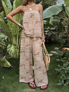 DAZY Jumpsuit Wanita Kasual Tropis Longgar dengan Tali Bahu Tipis, Set Dua Potong Bergaya Vintage, Cocok untuk Musim Semi dan Musim Panas, Liburan Pantai, Warna Hijau Zaitun - MultiWarna - View 5