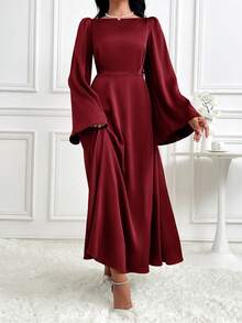 Modelyn Women Solid Color Long Sleeve Cinched Waist Simple Casual Ankle Length Modest Dress, Burgundy Modest Party Dress Long Evening Dresses - Burgundy - View 9