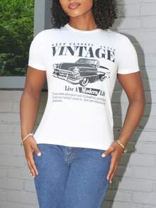 Steph T Casual Fitted Round Neck Short Sleeve Women T-Shirt,Slightly Sheer Suitable For Summer, Retro Vintage Car Print Back To School - White - View 4