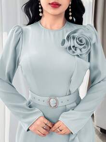 Feyla 女士纯色花卉装饰中长连衣裙 - 淺藍色 - 查看 7