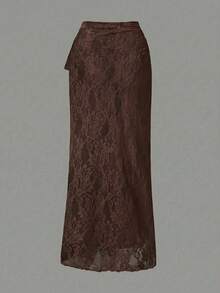 纯色针织女士扭结前开襟背心式泳衣上衣配纱笼 - 棕色 - 查看 2