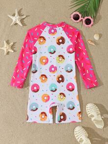 1pc Girls Toddler Shark Print Long Sleeve One-Piece Swimsuit, Cute Pattern, Sun Protection, Summer - Pink - View 2