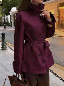 Elyressa Women's Solid Color Raglan Sleeve Tie-Waist Casual Trench Coat - Red Violet - View 6