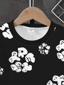 1 Conjunto Camiseta Preta e Shorts Estampa Floral Casual e Criativa para Meninos, Uso Diário Confortável, Moda Streetwear de Verão - Multicolorido - Visão 5