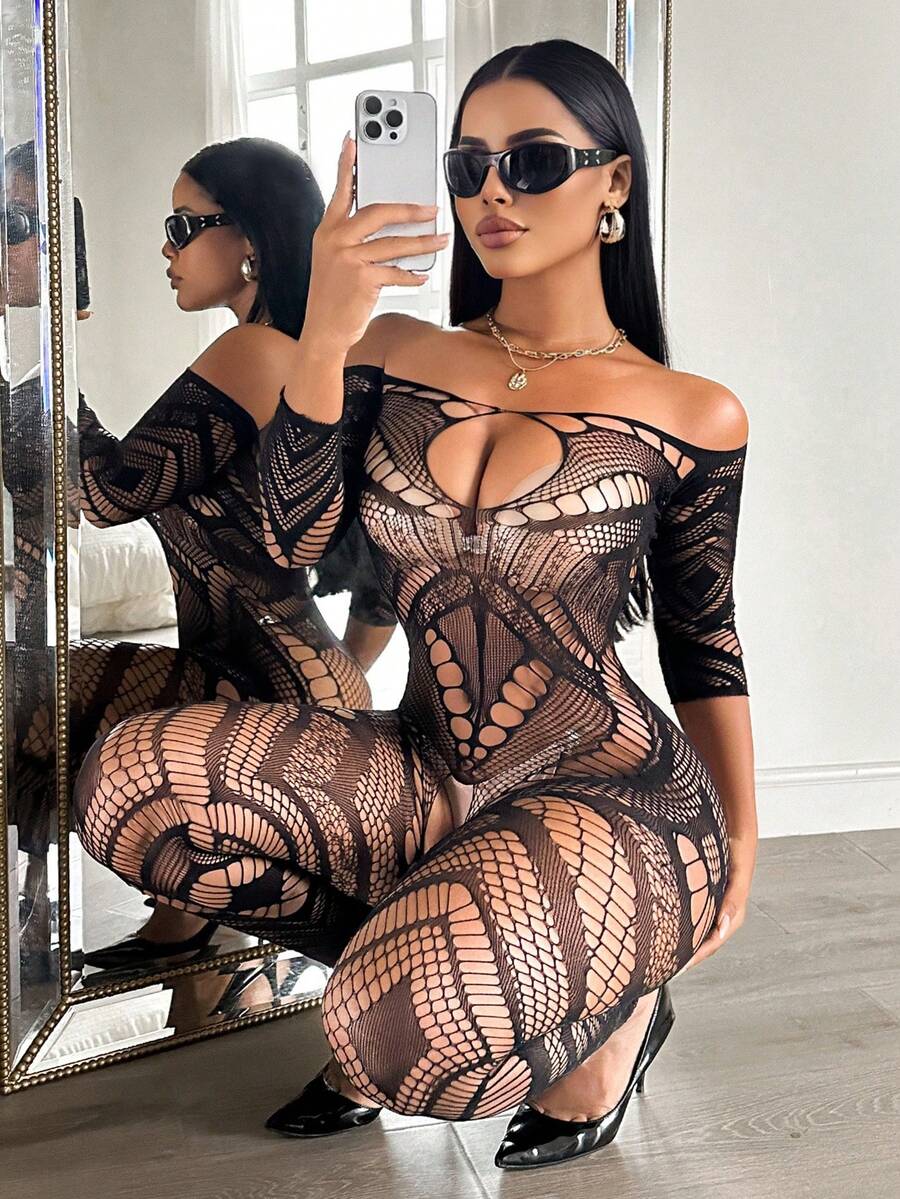 ChaseTheNight 黑色几何镂空网纱长袖性感连体裤，胸前镂空+露背设计，适合夜生活吸睛装扮 - 黑色 - 查看 1