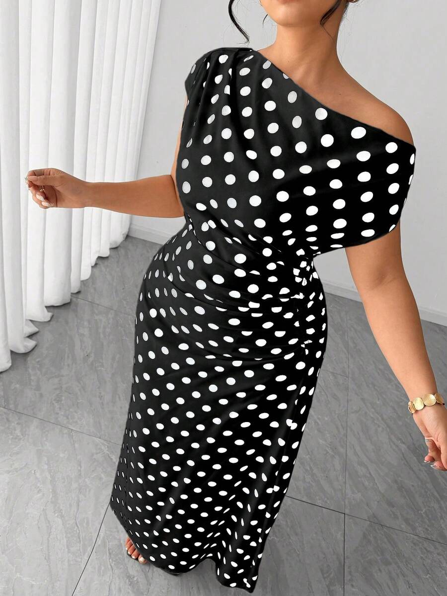 Elenzga Plus Size Women Summer Black White Polka Dot Oblique Collar Vintage Elegant Cocktail Dress,Autumn Curve Ruched Fitted Commute Office Gatherings Dress - Black - View 1