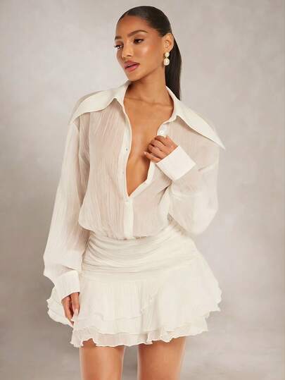 Silquee Vestido mini elegante de color liso con volantes en el bajo, para el verano