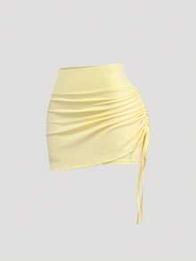Sweetra High Waist Anti-Flashing Sports Skirt, Wrinkled Fabric Running Shorts With Attached Undershorts - Yellow - View 3