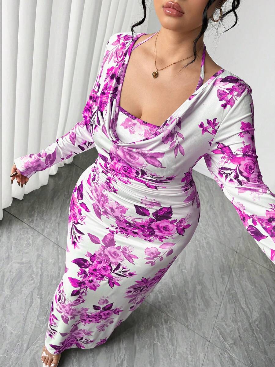Celure Gaun Pendek Ketat Berkerah Ruffle Baru untuk Wanita Ukuran Plus dengan Motif Bunga Kecil dan Ikat Pinggang - Purple - View 1