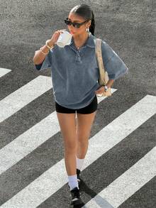 Muchica 女士复古水洗雪花图案 Polo 领宽松短袖 T 恤，适合外出和街头穿着 - 藍色 - 查看 3