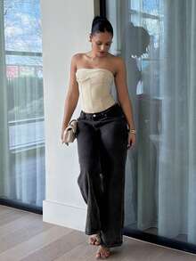 leahseptember Áo crop top thời trang bó sát màu trơn mùa hè cho nữ - Màu be - Xem 1