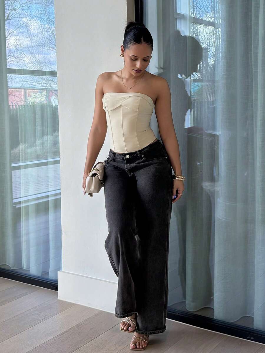 leahseptember Áo crop top thời trang bó sát màu trơn mùa hè cho nữ - Màu be - Xem 1
