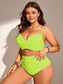 Swim Lushoire One Size Solid Color Ruched Tankini Bikini Set For Summer Beach - Champagne - View 3