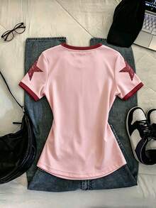IslaSuriya 女士休闲数字印花V领修身短袖T恤 女士服装 粉色衬衫 女装 V领上衣 图案T恤 针织衫 - 彩色 - 查看 3