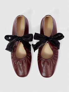 Goth Giày bệt nữ trang trí nơ, kiểu dáng thường ngày, đa năng, thời trang. - Màu Đỏ Sâu - Xem 1