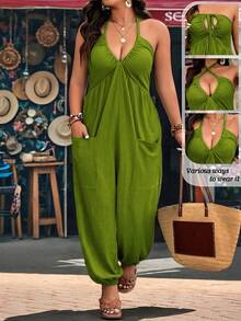 SHEIN Holidaya Bộ jumpsuit cỡ lớn, chất liệu vải dệt họa tiết, cổ chữ V, có túi, dây rút, thích hợp mặc ở nhà, đi chơi và đi nghỉ mát. - màu xanh lá - Xem 3