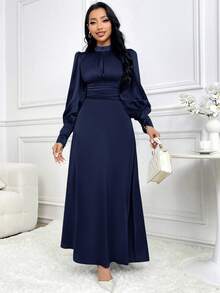 Modelyn 女士纯色立领泡泡袖高腰长款优雅连衣裙海军蓝长款连衣裙优雅连衣裙长袖长袖礼服长款晚礼服 - 藏蓝色 - 查看 5