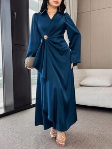 Modelyn 女士优雅纯色喇叭袖裹身连衣裙 - 藍色 - 查看 4