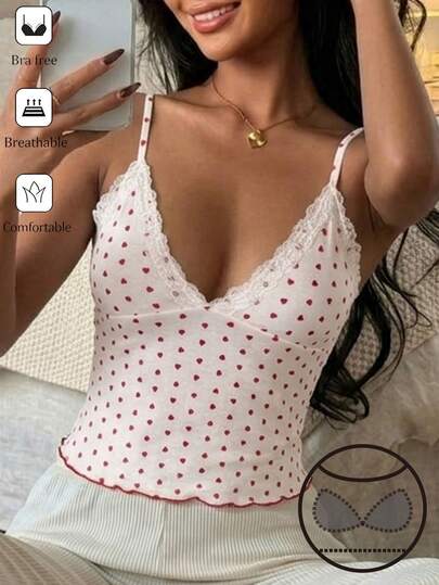Livesso Sweet Heart Pattern Lace Patchwork Sleeveless Padded Camisole Top For Women