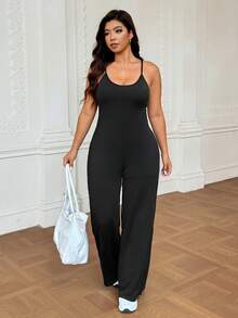 SHEIN Sports Plus Size Women Casual Sleeveless Jumpsuit None, Gym Black Summer - Black - View 5