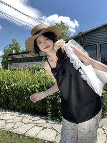 DAZY 女士休闲无袖上衣和阔腿裤两件套，纯色，夏季家居服套装 - 黑色 - 查看 5