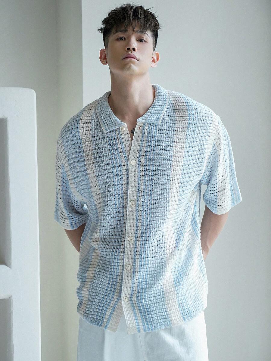 DAZY Áo sơ mi nam tay ngắn dệt kim phối màu, cổ ve lật và hàng cúc phía trước, thích hợp cho mùa hè, mùa thu và đi nghỉ mát. - Xanh và trắng - Xem 1
