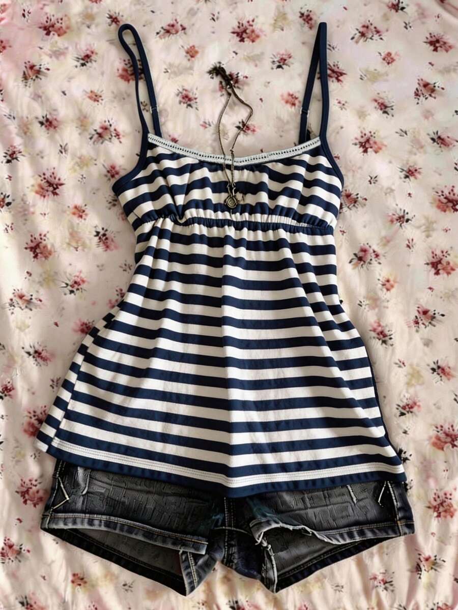 Glimmora 夏季休闲复古Y2K条纹女式吊带背心 - 藍色 - 查看 1