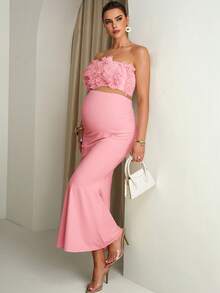 MaterniChic Maternity Solid Color Ruffle Hem Tube Top And Fitted Skirt Elegant 2-Piece Set - Pink - View 6