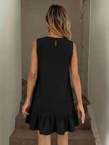 SHEIN LUNE 100%纯棉黑色百搭迷你连衣裙，适合春夏穿着 - 彩色 - 查看 2