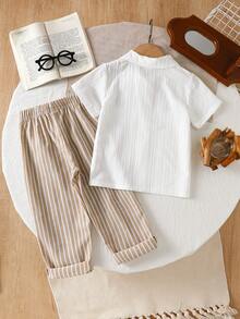 Souflis Souflis Young Girls' Summer Matching White & Khaki Casual Striped Pocket Decor Short Sleeve Shirt And Pants Set,Family Vacation Loose Comfortable Fit Outfit - White - View 2