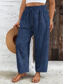 SHEIN VCAY Pantalones casuales de uso diario de unicolor con cordón en la cintura para mujeres de talla grande - Multicolor - Ver 6