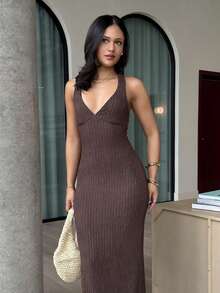 leahseptember Women's Dress Textured Knitted Dress Metal Button Decoration Backless Dress Brown Dress Elegant Women's Elegant Backless Sleeveless Dress, Summer Bodycon Maxi Dress Y2k Clothes Country Concert Outfit Old Money Streetwear Going Out Outfits Party - Brown - View 6