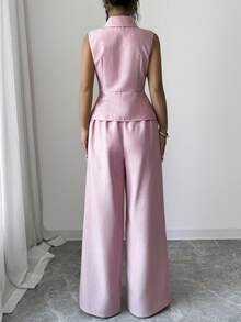 Selianne Women's Light Pink Summer Elegant Office V-Neck Sleeveless Crop Top And Straight Leg Pants Set,Sophisticated Design For Work,Travel,Vacation,Casual - Pink - View 2