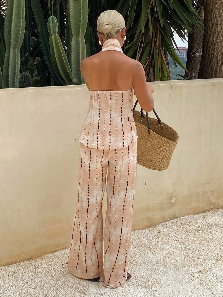 Spring & Summer Casual Vacation Style Halter Neck Sleeveless Top And Straight Leg Pants 2-Piece Set For Women Lounge Sets For Women