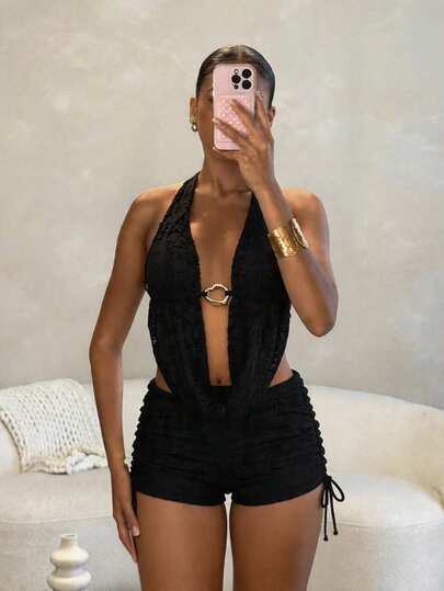 Slaydiva 新款春夏黑色网纱纹理垂褶领深V侧抽绳直筒裤，黑色性感沙滩度假两件套泳衣