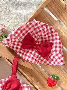 Cozy Pixies 2pcs Baby Girl Strawberry Print Contrast Color Suspender Dress & Hat Set - Red - View 5