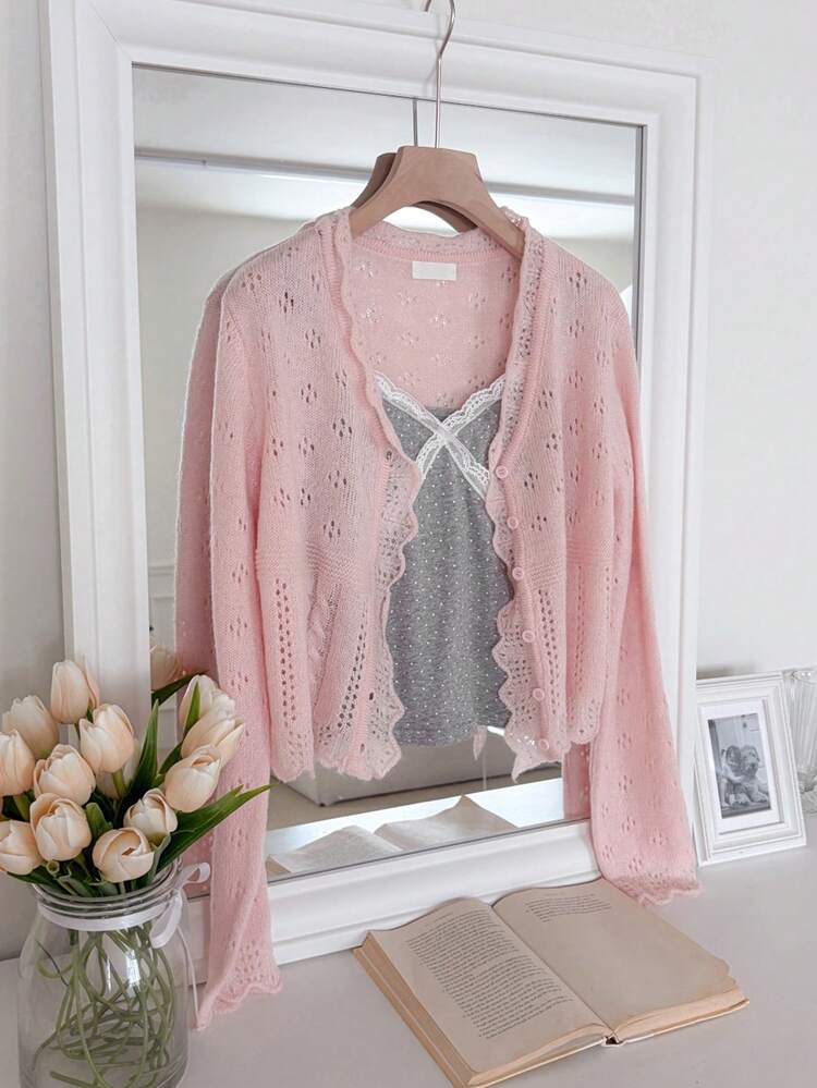 Women's Solid Color Hollow Out Knitted Cardigan With Front Button
