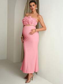 MaterniChic Maternity Solid Color Ruffle Hem Tube Top And Fitted Skirt Elegant 2-Piece Set - Pink - View 3