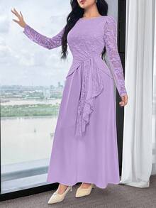 Feyla Women's Elegant Round Neck Long Sleeve Dress - Mauve Purple - View 6